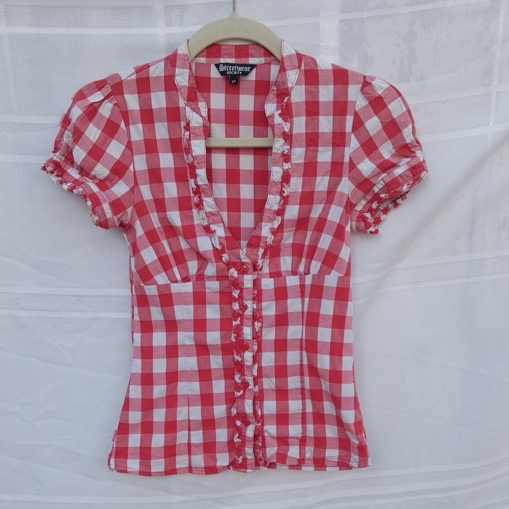 Red and White Gingham Checkered Y2K Blouse